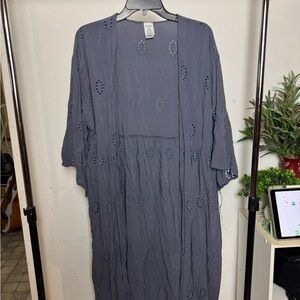 Gray Open Front Kimono with Eyelet Design